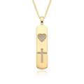 Collar dorado con colgante de barra vertical decorado con corazón y cruz de circonitas blancas - Patrón De Corazón Y Cruz(E395)
