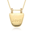 Gold plated horseshoe pendant necklace with LOVE engraving and micro-paved zircons - LOVE Letter Plate Style (E390)