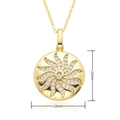 Macro detail of 22mm sunburst clock pendant with micro-pave zircons and golden plating - Spiral Sunflower Radiant Style (E420)