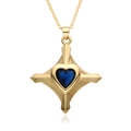 Golden necklace with star cross pendant featuring a blue heart zircon and mirror reflection - Dark Blue Heart Style (F144)