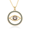 Collier avec pendentif Mauvais Œil doré, perles bleues et zircone sur fond blanc - Bleu Ciel Rond (g182)