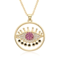 Collier mauvais œil avec zircons roses et placage or sur fond blanc pur avec reflet - Rose Rouge Rond Perles Noires (g183)