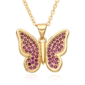 Detailed macro of 18K gold plated butterfly pendant with micro-set pink cubic zirconia - Purplish Red Style (G249)