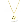 Detail of gold bubble letter K pendant necklace showing size dimensions of 19mm and 10mm - Gold Style K