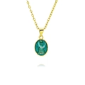Close-up of gold oval necklace with green enamel pendant and embossed religious icon - Turquoise Virgin Mary (A294)