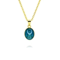 Close-up of golden necklace with blue oval religious icon pendant and starburst pattern - Cyan Virgin Mary (A295)
