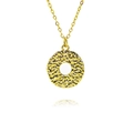 Macro shot of 18K gold hammered round pendant with hollow center on thin O-chain - Hammered Round Style (B530)