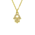 Macro shot of gold Hamsa pendant with purple zircon inlay and delicate cross chain - Purple Clear Stone Style (B599)