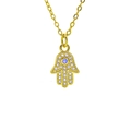 Gold plated Hamsa Hand pendant necklace with blue eye and sparkling white zircons - Blue Center Stone White Zircon Style (B600)