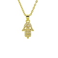 Gold plated Hamsa Hand pendant necklace with blue Evil Eye and white zircon stones - Full White Zircon Micro-pave Blue Eye Style (B602)