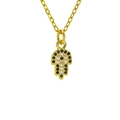 Macro shot of gold Hamsa Hand pendant with black and white zircon stone inlay - Black and White Two-tone Zircon Style (B605)