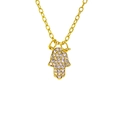 Detailed shot of Hamsa Hand pendant with crystal pavé and gold plated chain necklace - Full Pave White Zircon Style (B606)