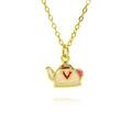 Golden necklace with teapot pendant featuring white enamel and a tiny red heart - Teapot Style (B551)