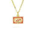 Golden necklace featuring rectangular enamel pendant with red heart and zircon stones - Rectangular Style (B552)