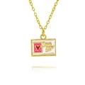 Golden necklace with a rectangular pendant featuring a pink heart and love you engraving - Love You Stamp Style (B553)