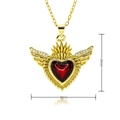 Detail view of a 26x30mm red heart pendant with gold angel wings and radiant crown design - Radiant Ray Heart Style (E662)