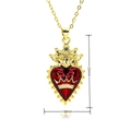 Detailed view of a gold-plated heart pendant with crown design and size dimensions - Flame Heart Style (E663)