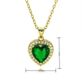 Detail view of heart-shaped gold necklace with green zircon inlay and clear crystal halo - Emerald Green Heart Stone Halo Style (C794)