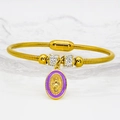 Detail of gold virgin Mary medallion on purple enamel bracelet with rhinestone beads - 16cm / Purple (A044)