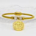 Gold stainless steel religious medal bracelet with magnetic clasp and crystal charms - Saint Benedict Medal Style (A075) / 16cm