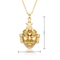 Detailed macro view of 33mm religious idol pendant in gold finish showing dimensions - Ancient Civilization Mask Relief (C501)