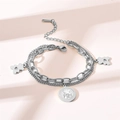 Silver double-layer titanium steel bracelet featuring bear charms and coin pendant - Silver