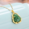 Hip hop titanium steel necklace with green Buddha pendant in gold wavy frame - Lips Chain / Green