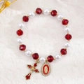 Vintage religious bracelet with red beads, pearls, cross and Virgin Mary charms - KC Gold Red Crystal (6047)