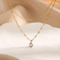 Double-layer gold titanium necklace featuring a sparkling round zircon pendant for women - Double Layer With Diamond Style / Gold Necklace