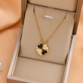 Golden titanium steel clover necklace with black and white heart charms in a gift box - Clover Heart Style (9218-Gold) / Gold