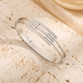 Modern silver geometric titanium steel open bracelet with three rows of sparkling zircons - Steel