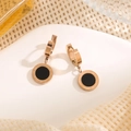 Rose gold titanium steel earrings with Roman numerals and black circular charms - Rose Gold (E056)