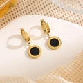 Gold-plated titanium steel hoop earrings with Roman numeral engraving and black center - Gold (E056)