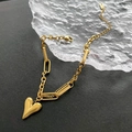 Minimalist 18k gold plated stainless steel heart charm bracelet with asymmetric chain design - Bracelet / Gold
