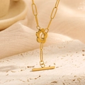 Elegant 18K gold-plated paperclip necklace with hollow flower ring and T-bar pendant - Gold Flower Paperclip Necklace