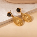 Elegant gold stainless steel drop earrings featuring celestial sun and moon engravings - Black Zirconia Oval Moon Style (2004)