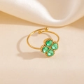 Bague trèfle en acier doré avec pierres de coeur vertes et anneau ouvert ajustable - Style Trèfle Vert