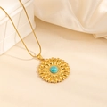 Golden sunflower pendant necklace with blue turquoise stone on a sleek snake chain - Sunflower Turquoise Necklace (0855)