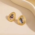 Boucles d'oreilles goutte dorées avec bordure texture caviar et incrustation abalone - Goutte Pierre Noire (TYE2076)