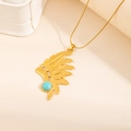 Collier plume doré bohème orné d'une pierre turquoise et de détails gravés - Collier Turquoise Plume (0832)
