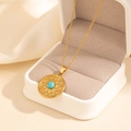 Vintage stainless steel gold necklace with sun and moon turquoise pendant charm - Round Sun Turquoise Necklace (0847)