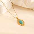 Vintage gold necklace with oval turquoise pendant and intricate hollow floral details - Rhombus Petal Turquoise Necklace (0856)