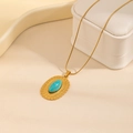 Vintage gold oval pendant necklace with turquoise stone and delicate snake chain - Oval Lace Turquoise Necklace (0888)