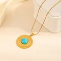 Vintage gold necklace featuring a round turquoise sunburst pendant on a jewelry box - Patterned Round Tag Turquoise Necklace (0894)
