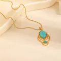 Vintage gold snake chain necklace with teardrop turquoise pendant in openwork ring - Multi Layer Circle Turquoise Necklace (0895)