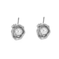 Detailed view of silver minimalist stud earrings with baroque pearl in shell design - Silver Earrings Only