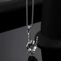 Hip hop skull rock hand gesture pendant necklace in silver stainless steel finish - Rock Gesture Skull (DZ-249) / Antique Silver