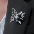 Silver liquid metal butterfly rose brooch with black floral accents in dark punk style - Butterfly Rose Style (7244)
