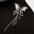 Gothic silver butterfly brooch with black gemstone and dangling fringe chains - Gothic Butterfly Chain Style (Z-619)