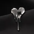 Gothic silver heart brooch with black gemstone and lava fluid drip design on black fabric - Black Stone Heart Style (M-732)